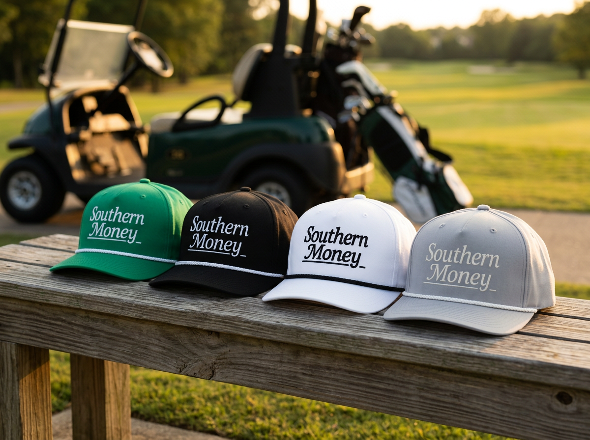 Southern Money rope hats on a Texas golf course at golden hour — built for the fairway and the front porch